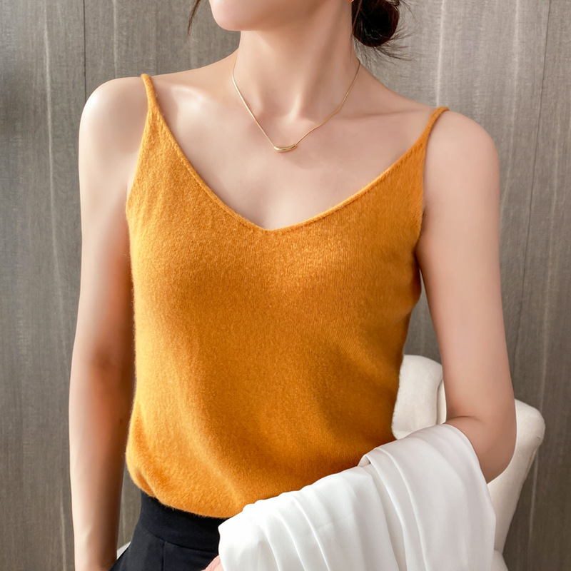 2023 New Knitted Camisole Women's Spring and Autumn Outer Wear V-Neck Loose Small Shirt Base Shirt All-match Top