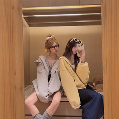 Yukiss 浅灰色时髦连帽卫衣外套女秋韩系小个子宽松显瘦拉链上衣