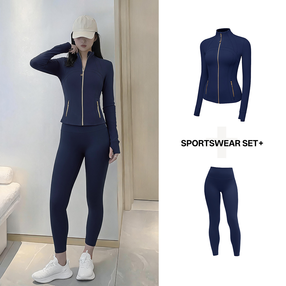 Yoga Set Navy Blue Gold Zipper Stand-Up Collar Zipper Jacket Women's Slim Fit Sports Fitness Yoga Wear Long Sleeves