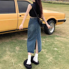レトロなオープンデニムスカート女性夏の韓国版ハイウエストで痩せたデザイン感があります。