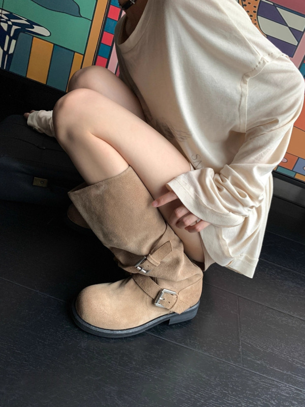 "炸街辣妹！"2025复古做旧长筒骑士靴女粗跟高筒靴工装不过膝长靴|undefined