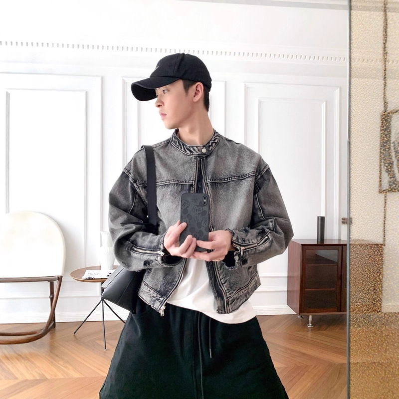 Spring and Autumn Retro Heavy Stand Collar Design Men's Japanese Style Washed Short Denim Jacket Couple Tops Jacket