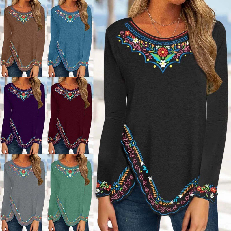 2023 Осенне-зимняя футболка с длинным рукавом большого размера с принтом в европейском и американском этническом стиле, Женская Базовая рубашка в стиле ретро