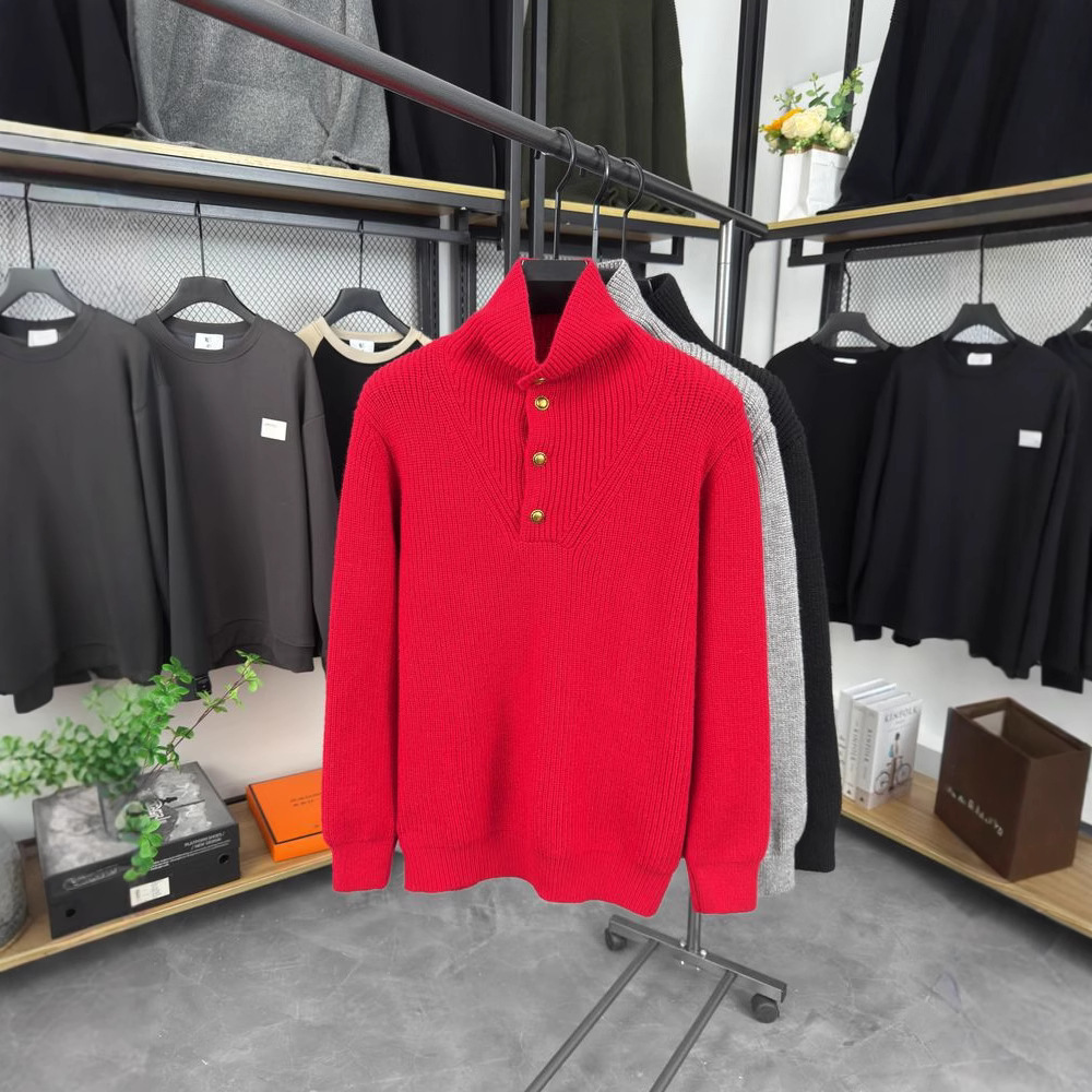 Suéter de punto para hombre, cuello alto con botones, color liso, nuevo modelo transfronterizo para otoño e invierno, cálido y sencillo, suéter básico de comercio exterior.