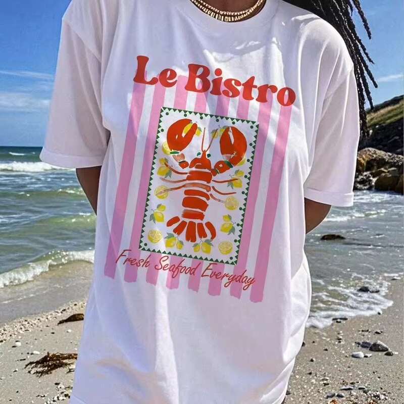 【Cross-Border European Size】Vacation Aesthetic Women's White Cotton T-Shirt "Le Bistro" with Lobster and Lemon Design