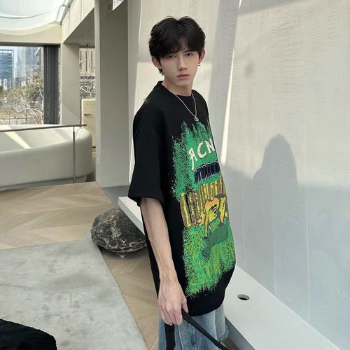 300g heavyweight t-shirt trendy brand European and American high street short-sleeved summer men's oversize American West Coast five-quarter sleeve