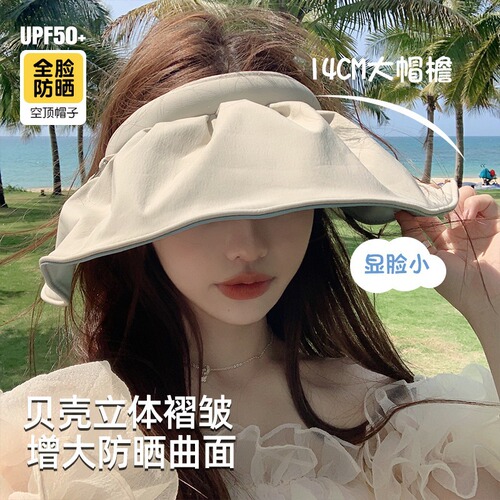 Summer Top-Down Sun Hat for Women, Black Rubber UV Protection Shell Sun Hat with Wide Brim