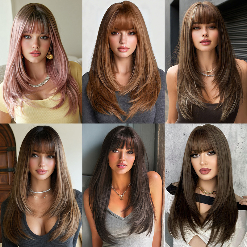 European and American High-Quality Synthetic Wigs for Women with Air Bangs, Straight Hair, Full Head Cover, Brown, Everyday Fluffy High-Quality Synthetic Fiber Wigs European and American High-Quality Synthetic Wigs for Women with Air Bangs, Straight Hair, Full Head Cover, Brown, Everyday Fluffy High-Quality Synthetic Fiber Wigs