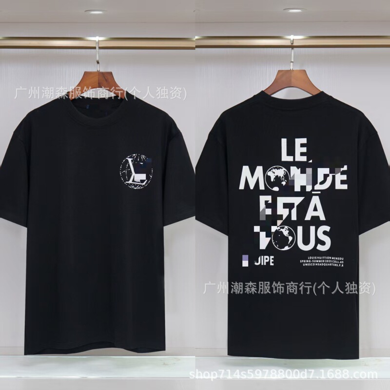 现货跨境奢潮驴家高品质L满印字母短袖外贸经典款圆领男女宽松T恤|undefined