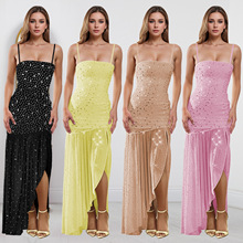 C7396跨境速卖通亚马逊欧美时尚女装夏季性感烫钻吊带开叉连衣裙