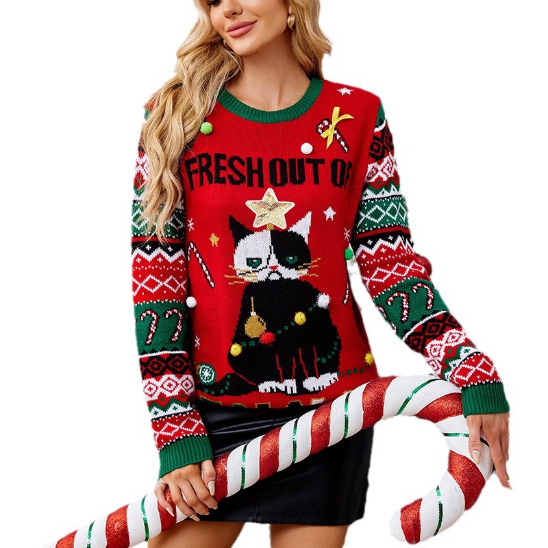 Amazon ventas calientes de dibujos animados suéter de Navidad de mujeres otoño y invierno nuevo cuello redondo hoodie camiseta de punto de manga larga suéter suelto