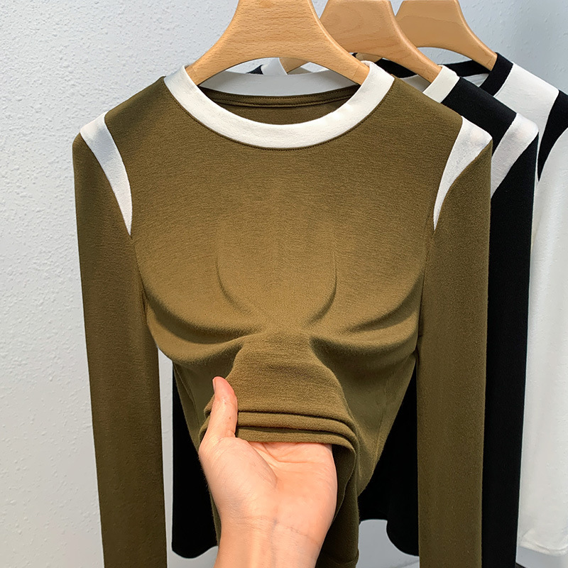 Camisa de fondo de hilo de mujer 2023 nueva ropa de mujer europea contraste color cuello redondo manga larga Camiseta cintura-apretado interior estilo occidental superior