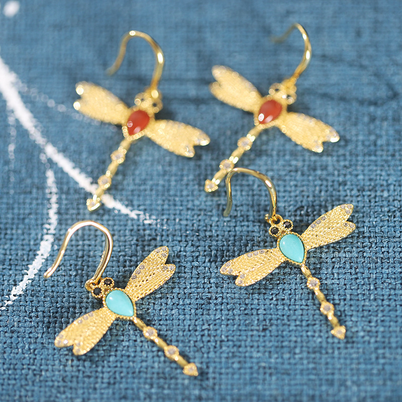 Dragonfly New S925 Silver Gemstone Fashion Inlaid Zirconium Earrings display picture 2