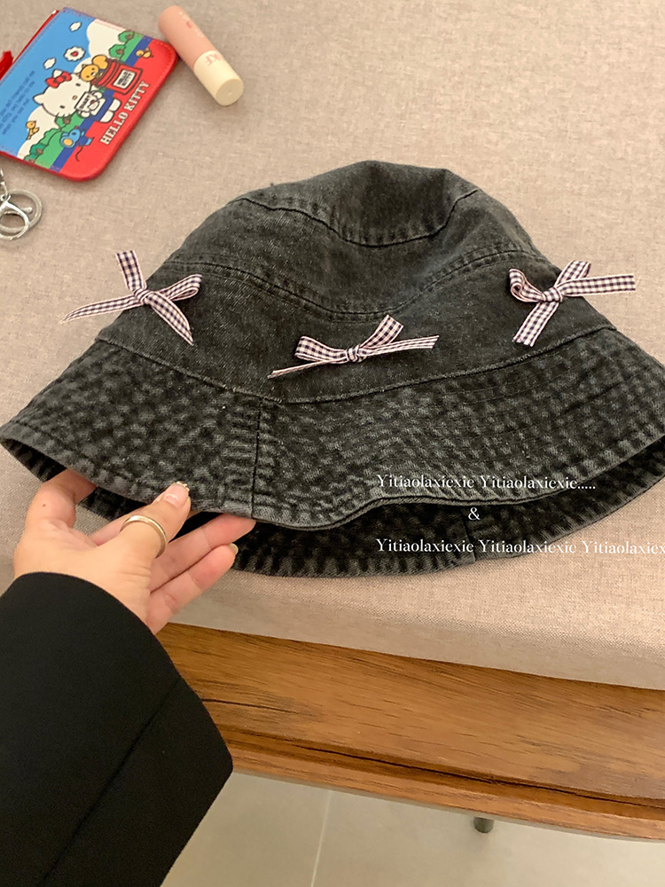 Japón retro arco vaquero sombrero pescador mujer dulce encantador versátil sombrero de bañera de protección solar grande alrededor de la cabeza muestra cara pequeña