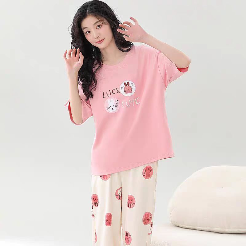 Venta al por mayor transfronteriza de nuevo estilo pijamas de cuello redondo pantalones de manga corta para mujer verano fino imitación algodón dibujos animados casual servicio a domicilio traje simple image 8