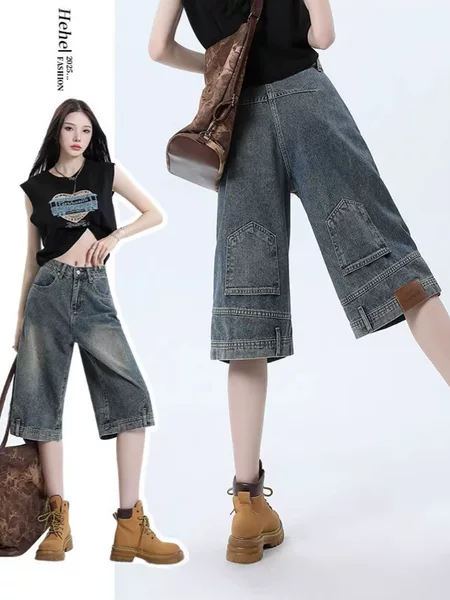 American Retro Style High-Waisted Denim Shorts for Women, Summer Thin Loose-Fitting Six-Point Wide-Leg Straight Over-The-Knee Pants