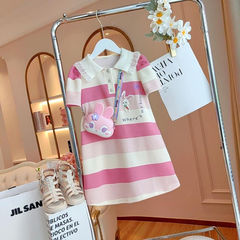 Children's Striped Casual Dress 2024 Summer New Arrival for Middle and Large Kids, Stylish Polo Collar Cartoon Dress for Girls, Trendy