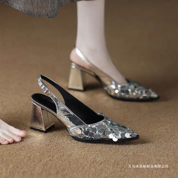 2026 Summer Women's Pointed-Toe Sandals with Sequins, Chunky Heels, Fashionable and Elegant High-Heeled Backless Shoes to Pair with Dresses 2026 Summer Women's Pointed-Toe Sandals with Sequins, Chunky Heels, Fashionable and Elegant High-Heeled Backless Shoes to Pair with Dresses