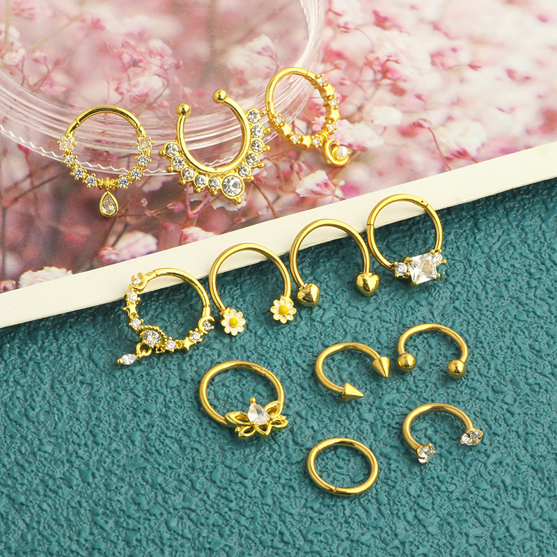 Amazon Hot Sale Nose Ring Set Stainless Steel Micro Inlaid Zircon Chrysanthemum Nose Ring Trend Puncture Nose Nail 12-Piece Set detail image 9