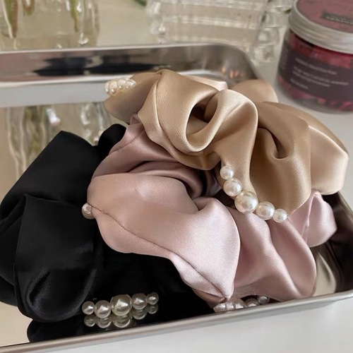 French new style elegant pearl satin large intestine hair tie simple Hepburn style high-end hair tie hair rope hair accessory