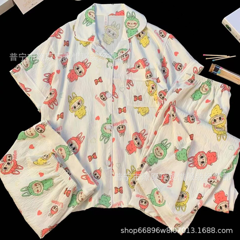 Hermosos pijamas de tela de rabu mujeres primavera y otoño verano nubes de algodón dulce mangas cortas pantalones cortos de tres piezas ropa para el hogar