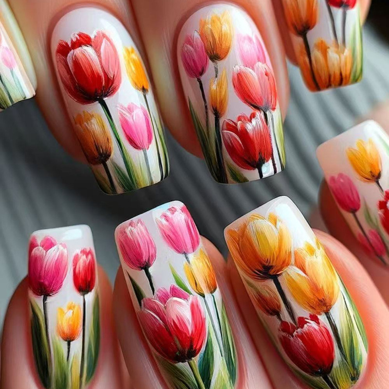 Romantic Color Tulip Painting Graffiti Design Milky White Chinese Wear Finished Nail Art False Nail Patch Romantic Color Tulip Painting Graffiti Design Milky White Chinese Wear Finished Nail Art False Nail Patch