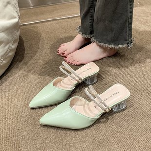 Fashionable Pointed Toe High Heels 2025 Summer New Thick Heel Pure Color Rhinestone Sandals Daily Casual Lady Baotou Slippers