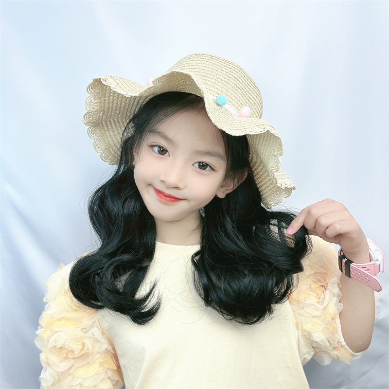 Children's hat wig female chemical fiber long curly hair sun hat one-piece hot simulation full head cover in stock supplier