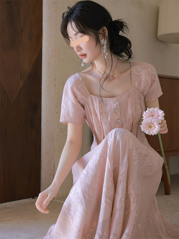 花栗鼠小姐 设计师裙 私藏系列方领连衣裙夏季女意境美感日常长裙|undefined