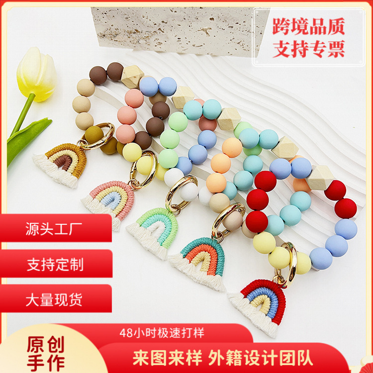 New Cross-Border Jewelry Rubber Paint Candy-Colored Round Beads Rainbow Hand-Woven Tassel Bracelet Keychain