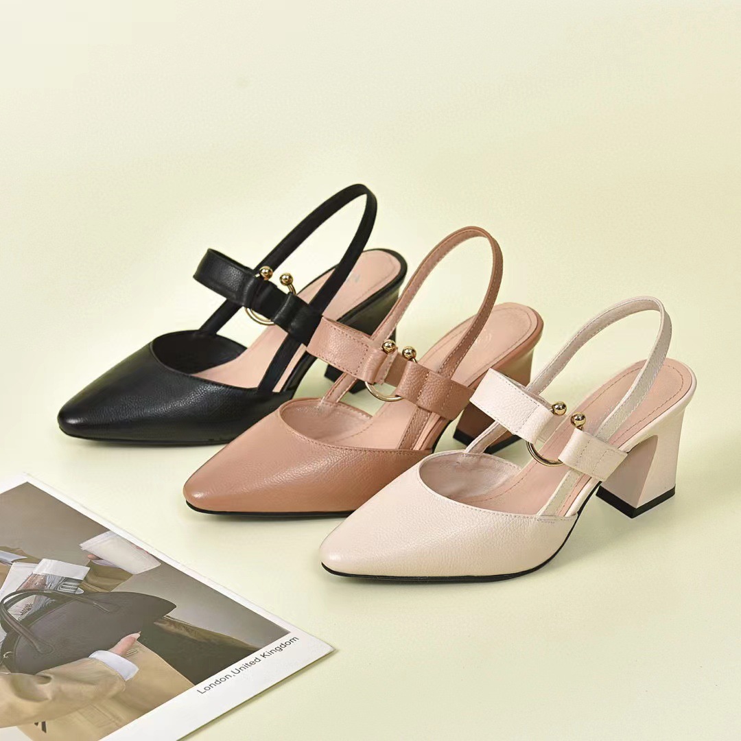 Sandal cao gót nữ bít mũi da thật mũi nhọn gót vuông quai ngang phong cách cổ tích hở lưng — Mơ--6CM chi tiết 9
