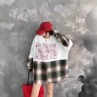 South Korea Dongdaemun plus size Women's Wear 2024 Autumn and Winter Plaid Stitching Crewneck Fake Two-piece fleece-lined Loose Long-sleeved Top