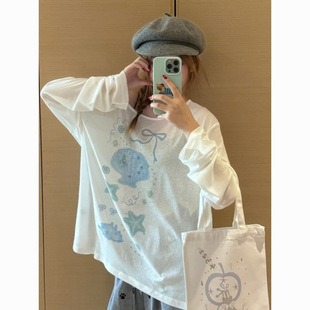 Niche Printed Long-Sleeved Sun Protection Blouse T-Shirt for Women in Summer, Stylish, Cute, Loose and Versatile Thin Top