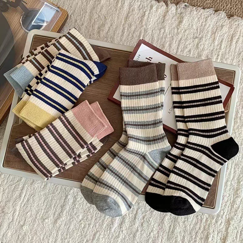 Striped Socks Children's Spring and Autumn Contrast Casual Mid-length Socks Japanese-style Color-matching Ins Trendy Korean-style Autumn and Winter Piled Stockings