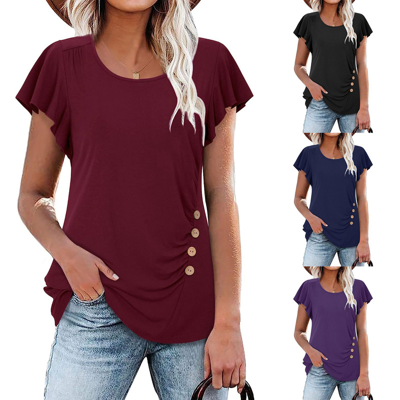 2023 European and American Women's Solid Color Pleated Short-sleeved Top Summer Casual Crewneck Button Belted Waist T-shirt Top Women 2023 European and American Women's Solid Color Pleated Short-sleeved Top Summer Casual Crewneck Button Belted Waist T-shirt Top Women