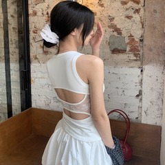 EMPTY PAGE黒/白/グレーの夏の丸首レースは、背中の工字ベストをつなぎ合わせて痩せている