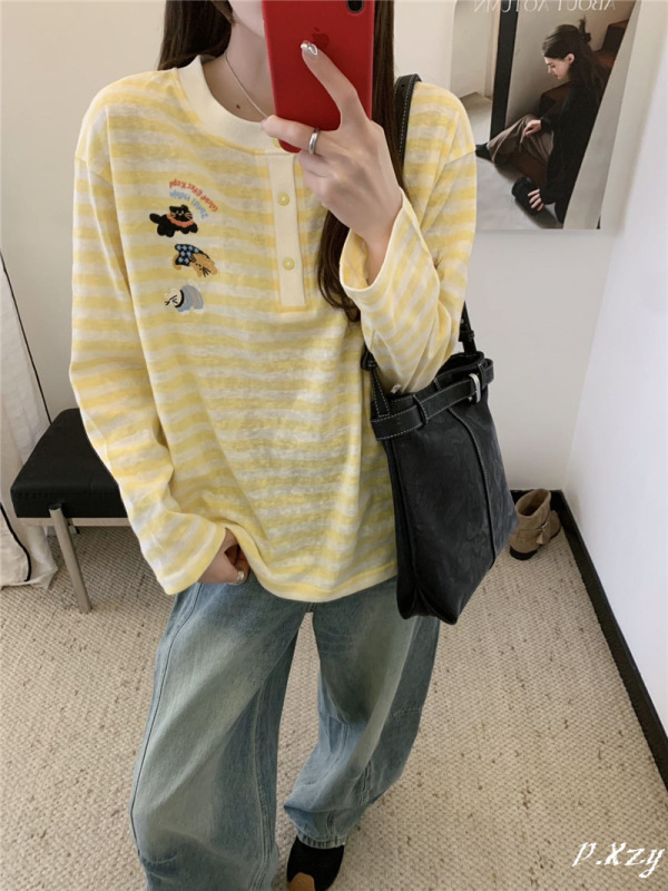 017秋季2025新款慵懒风松弛感宽松上衣长袖条纹卡通打底衫女士T恤|undefined