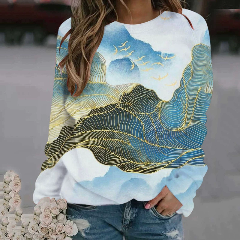 AliExpress Amazon весна и осень женский свитер с 3D цифровым принтом линия пейзажный узор с длинным рукавом свободный