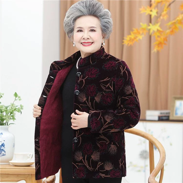 Зимняя одежда для бабушек, теплое пальто с хлопковой подкладкой на флисовой подкладке, куртка с цветочным воротником-стойкой для пожилых женщин, утолщенное пальто с хлопковой подкладкой для пожилых женщин