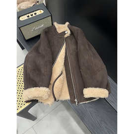 咖色立领拉链羊羔毛外套女秋冬季复古高级感宽松遮肉皮毛一体上衣
