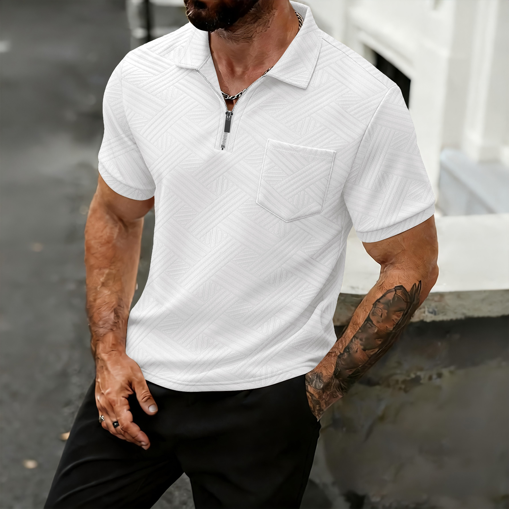 Polo uomo stile americano con tasche a zip e colletto classico_voghion.com