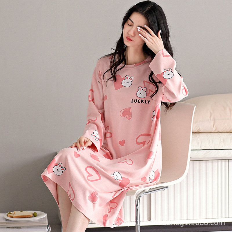 100%纯棉睡裙女长袖韩版甜美卡通宽松简约休闲女新款家居服连衣裙|undefined