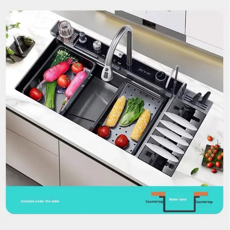 Stainless Steel Large Single Sink for Washing Vegetables, Raindance Waterfall Washing Basin, Under-Counter Kitchen Sink for Home Use