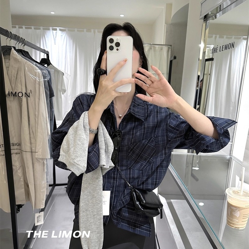 THE LIMON柠檬绿茶2025秋季复古调性格纹慵懒百搭衬衫宽松上衣女|undefined