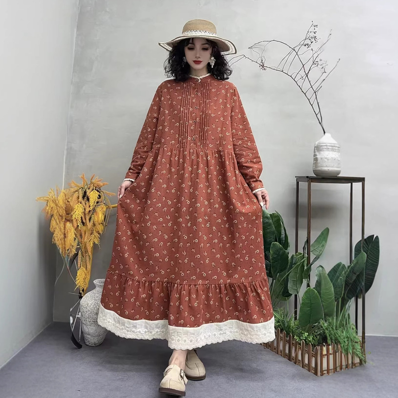Spring and Autumn New Vintage Floral Dress, Artistic Casual Printed Long-Sleeve Loose Waist-Cinching Elegant Long Dress Spring and Autumn New Vintage Floral Dress, Artistic Casual Printed Long-Sleeve Loose Waist-Cinching Elegant Long Dress