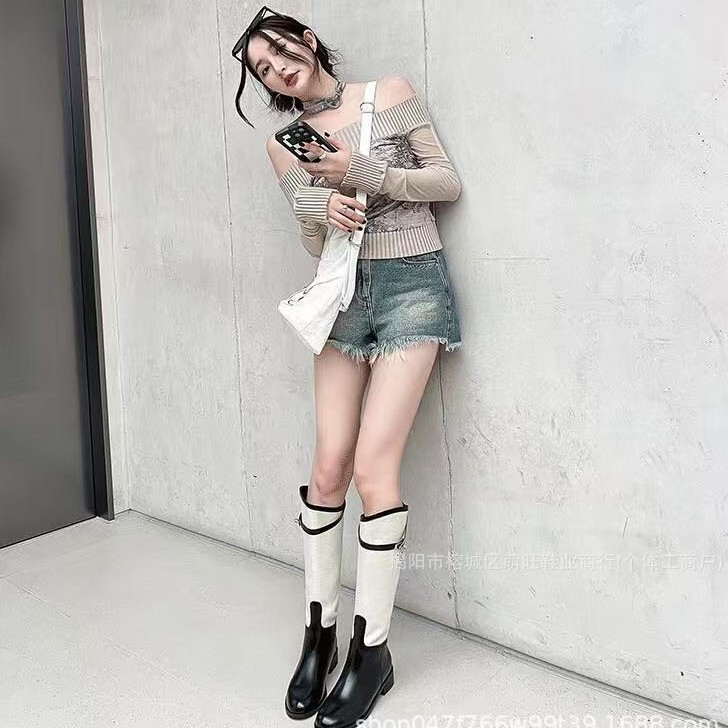 2024 New Autumn and Winter Round-Toe Thick-Soled Boots for Women with Retro Style and Color Matching Over-The-Knee Boots