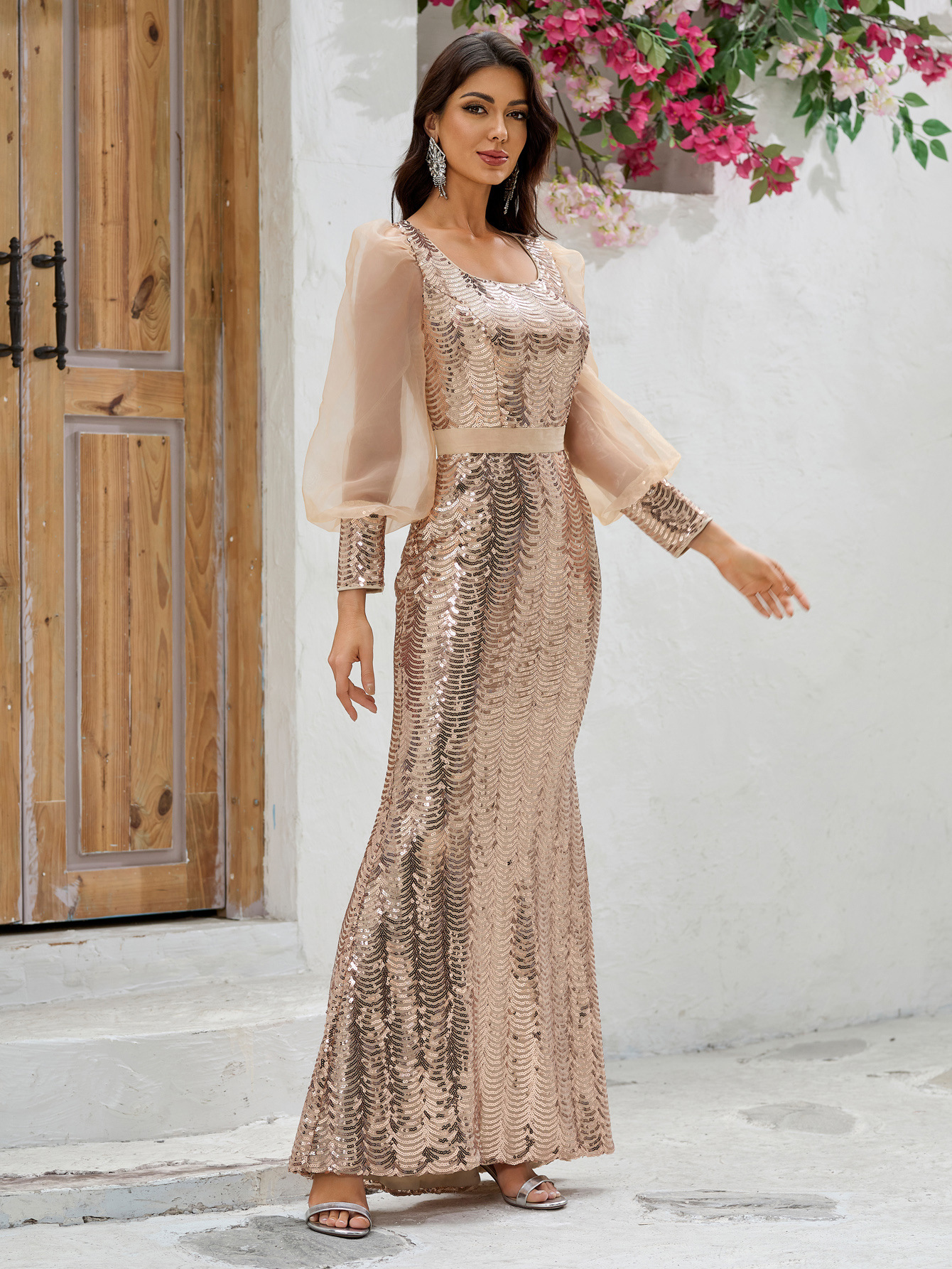 Women Prom Party Dress Sequined Stitching Mesh Long Sleeve Affordable Luxury Party Evening Dress