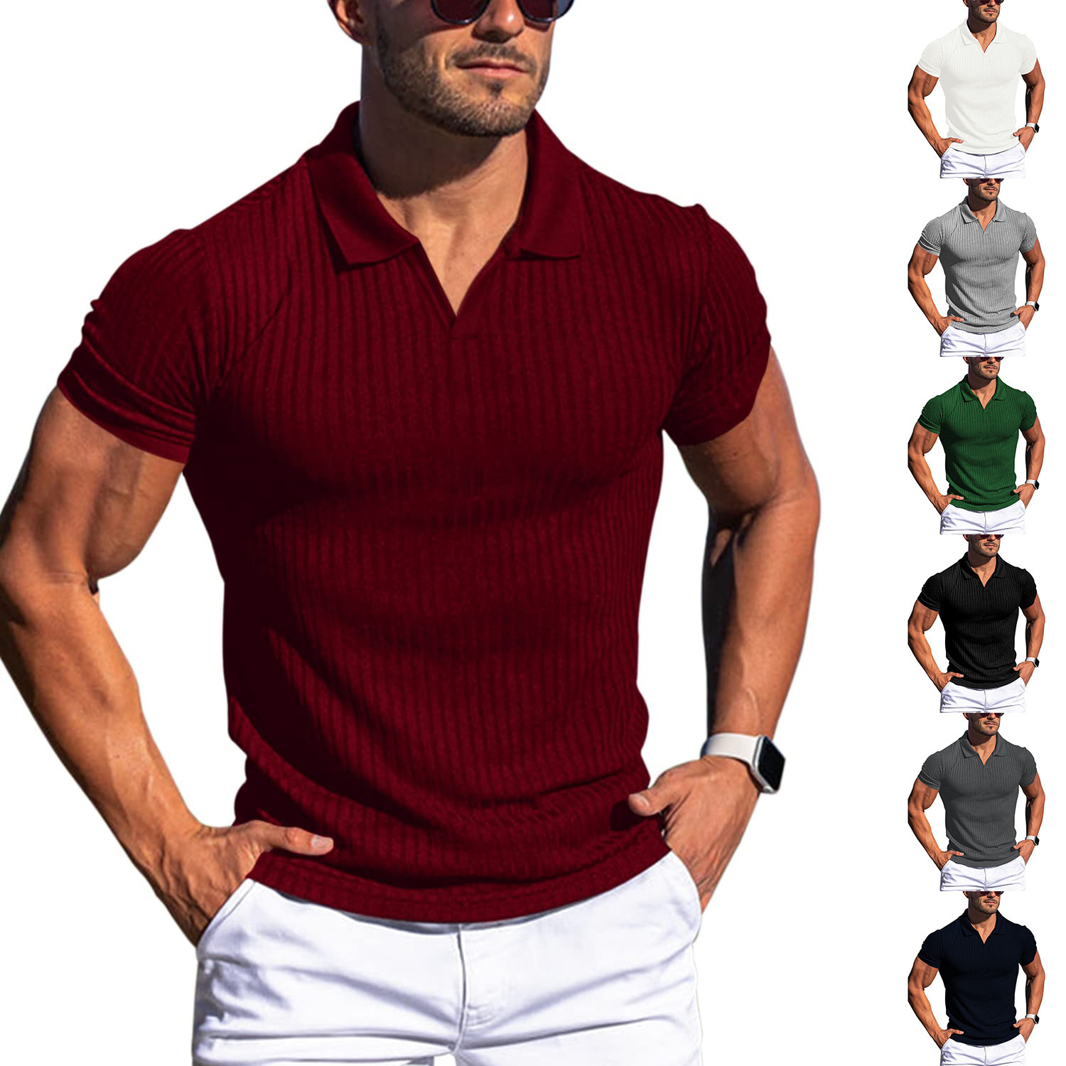 Cross-border e-commerce, Europe and America, summer new style, AliExpress, Amazon, polo shirt, V-neck, vertical striped short-sleeved men's T-shirt