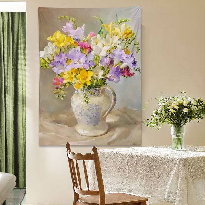 レトロな花柄油絵タペストリー、リビングルーム装飾用壁掛け布、欧米風アート壁掛け布、背景壁布、遮蔽布|undefined