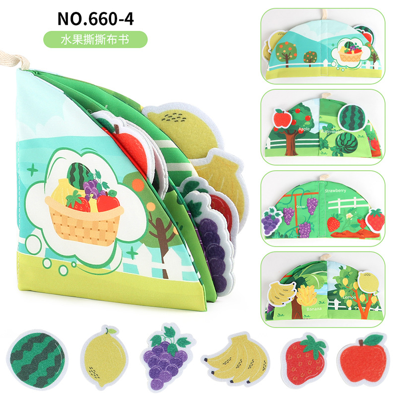Libro de tela para bebés Velcro desgarrador libro animal forestal frutas libro tridimensional puede roer bebés preescolar libro de palma
